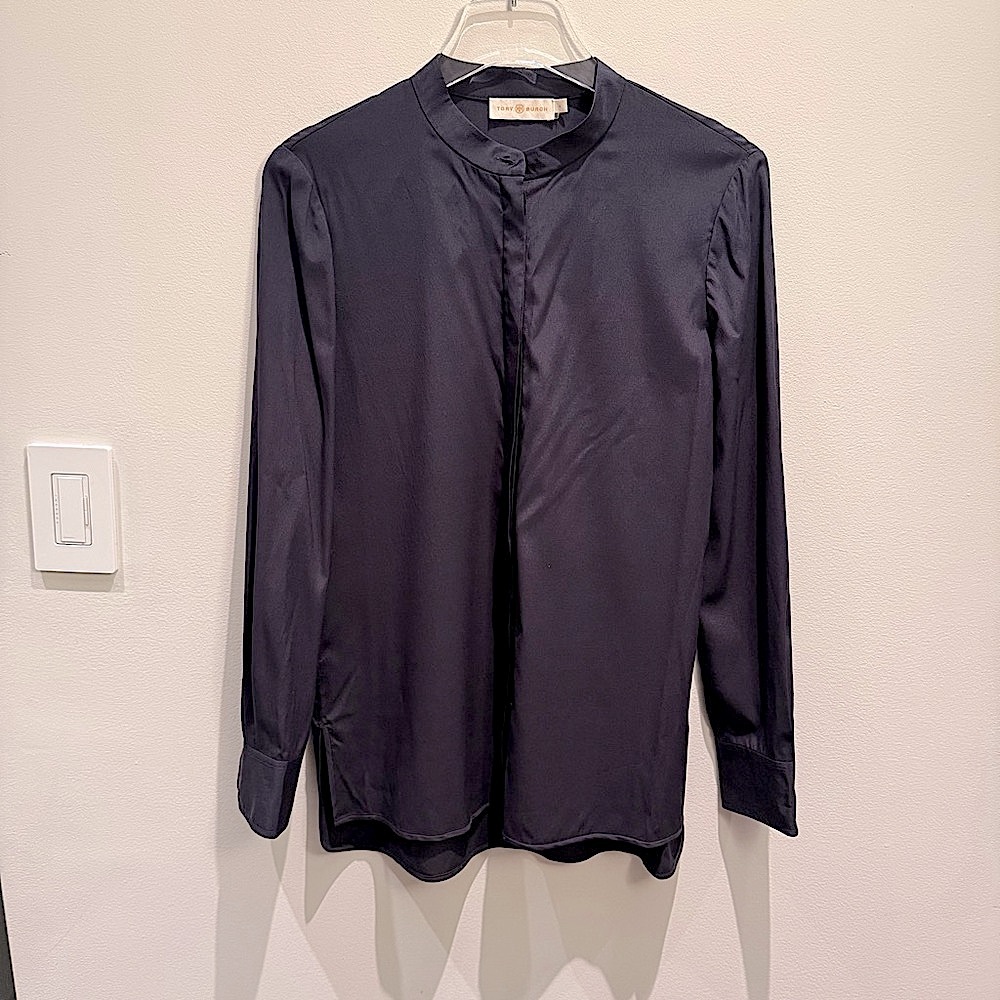 Tory Burch Womens Navy Long Sleeve Shirt Option to Add A Scarf Size 4